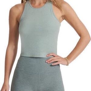 Vuori Pose Plyo rib tank top in stormy green Neptune heather color, size M
